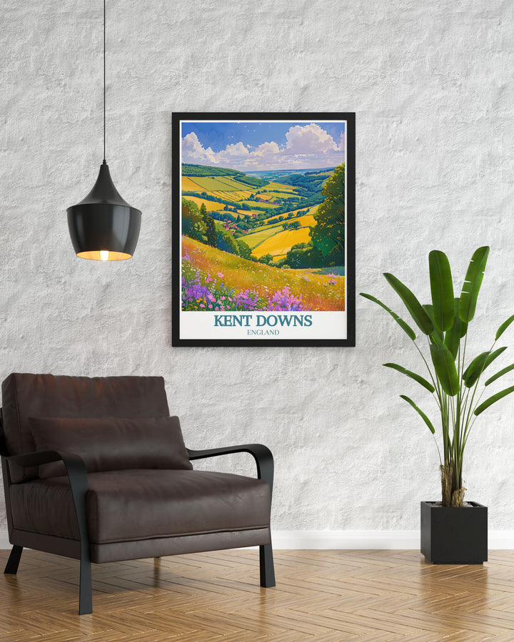 Exquisite Kent Downs Area of Outstanding Natural Beauty AONB print featuring detailed imagery of rolling hills and tranquil scenery. Perfect for nature lovers and art enthusiasts looking to bring the beauty of the outdoors inside.