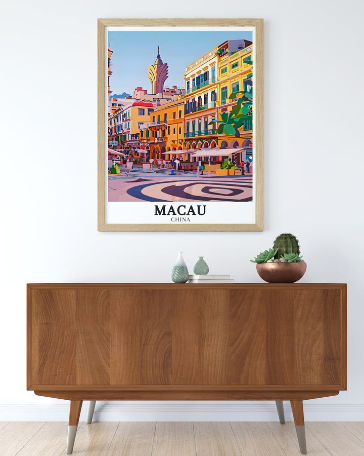 Senado Square Se landmarks are beautifully captured in this Macau Travel Poster Print A versatile and stylish addition to any home this print is perfect for those who love historic architecture or wish to bring a touch of Macau into their decor