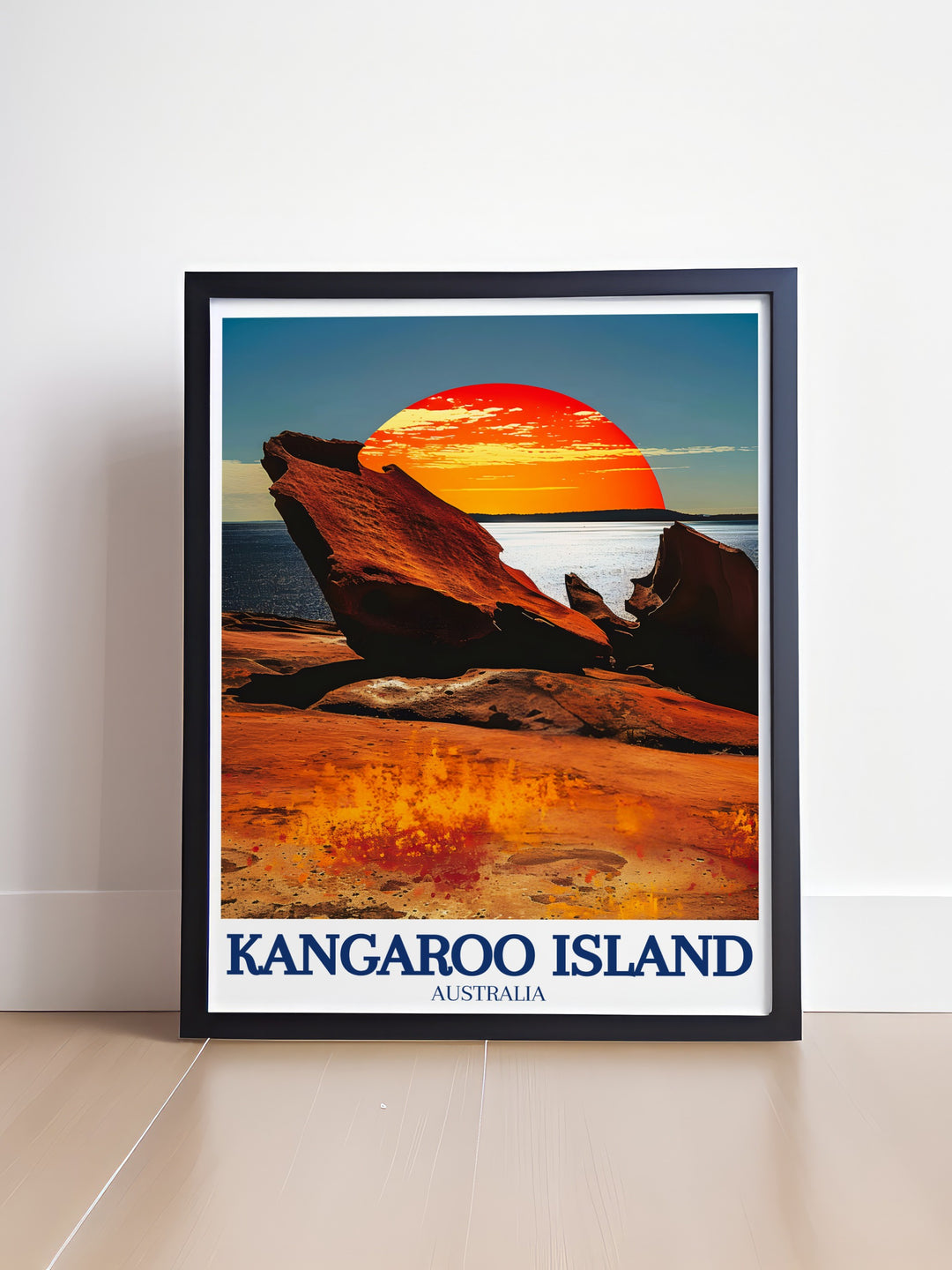 Celebrate the wild beauty of Kangaroo Island with this travel print showcasing Flinders Chase National Park and the peaceful shores of Stokes Bay, ideal for adding a touch of Australias coastal charm to your walls.