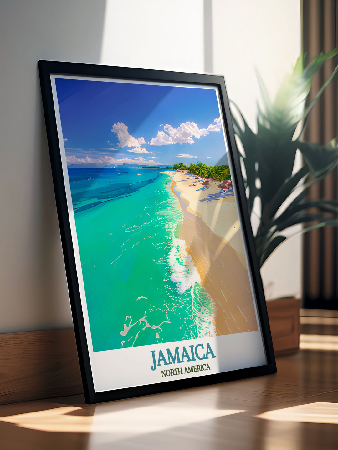 This Jamaica poster print beautifully captures the serene beauty of Seven Mile Beach, one of the islands most famous beaches. Ideal for nature lovers and travelers, this travel print brings the vibrant scenery of Jamaica into your home, creating a tropical atmosphere in any space.