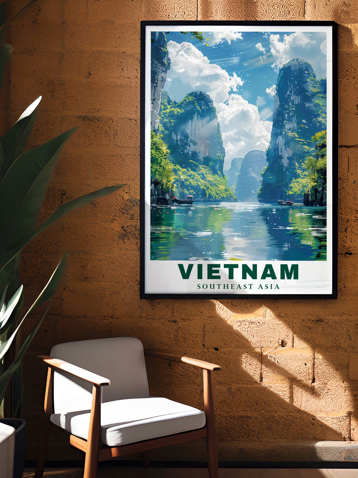 Ha Long Bay Canvas Print showcasing the famous limestone islands in Vietnams iconic bay. This travel inspired artwork brings the natural beauty of Southeast Asia into your home, creating a peaceful and visually striking centerpiece for any room.