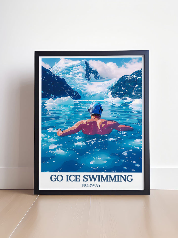 This Go Ice Swimming Poster Print captures the thrill of cold water swimming in Norways Lofoten Islands. Perfect for adventurers, its a stunning vintage travel print showcasing the Arctic waters, making it ideal for those who love outdoor activities and winter sports.