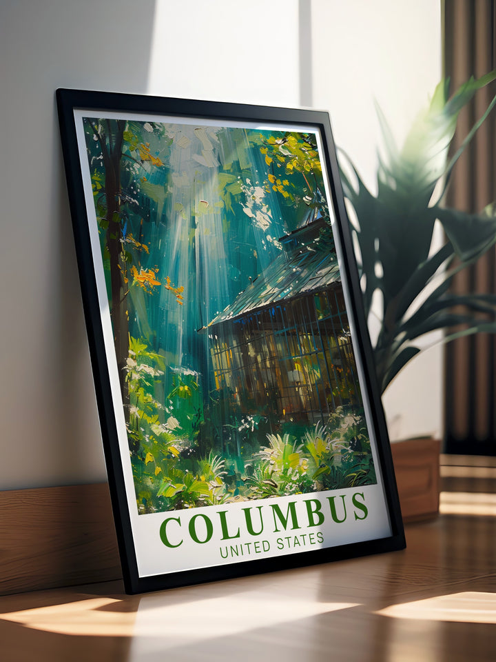 A beautiful Columbus city map and skyline print highlighting Franklin Park Conservatory in elegant home decor. This modern Columbus travel print makes a perfect wall art gift for birthdays anniversaries or Christmas bringing the beauty of Ohio into your living space.