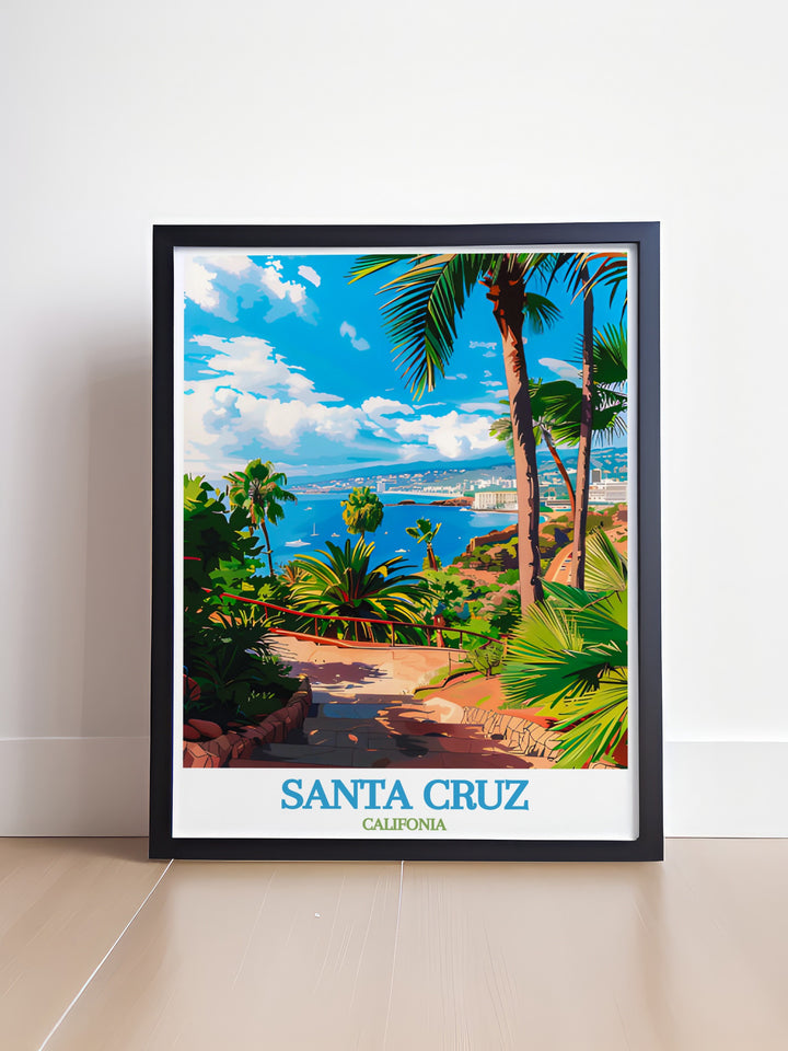 Santa Cruz California artwork paired with Palmetum de Santa Cruz prints creates a modern decor piece that enhances any living room. This stunning wall art captures the spirit of California making it a perfect gift for travelers and art enthusiasts alike.