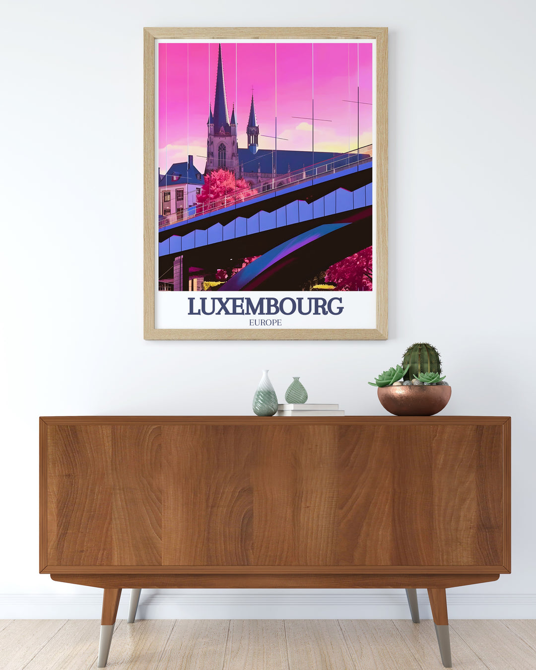 Adolphe Bridge Wall Art captures the architectural brilliance of one of Luxembourgs most iconic bridges, alongside the grandeur of Notre Dame Cathedral. This framed art is perfect for adding a sense of travel inspired elegance to your decor.