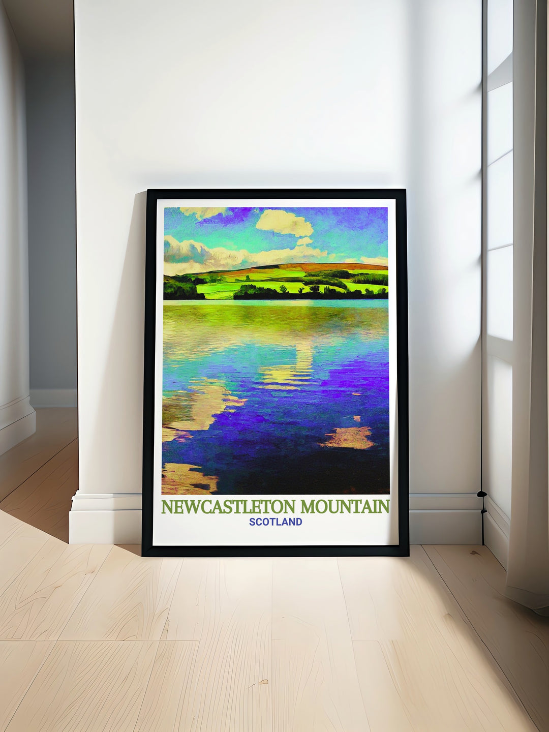 Scotland cycling wall art featuring Newcastleton Mountain Biking and Kielder Water. This detailed illustration captures the essence of the regions trails and landscapes, making it an inspiring piece for home or office. A great gift for cycling enthusiasts.