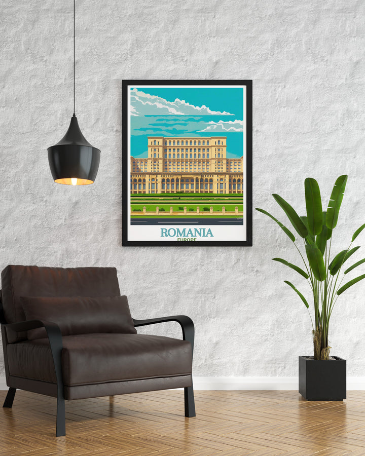 A high quality framed art print of the Palace of the Parliament, Romania, depicting the massive structure with intricate detail. Perfect as a gift or to decorate your own living space, this wall art captures one of Europes most iconic landmarks.