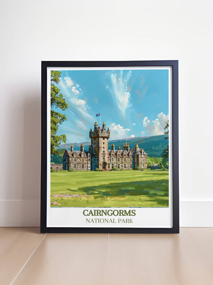 Balmoral Castle and Cairngorms Print capturing the serene landscapes of Scotland. This national park poster is a perfect addition to your wall art collection, evoking the timeless charm of the Scottish Highlands.