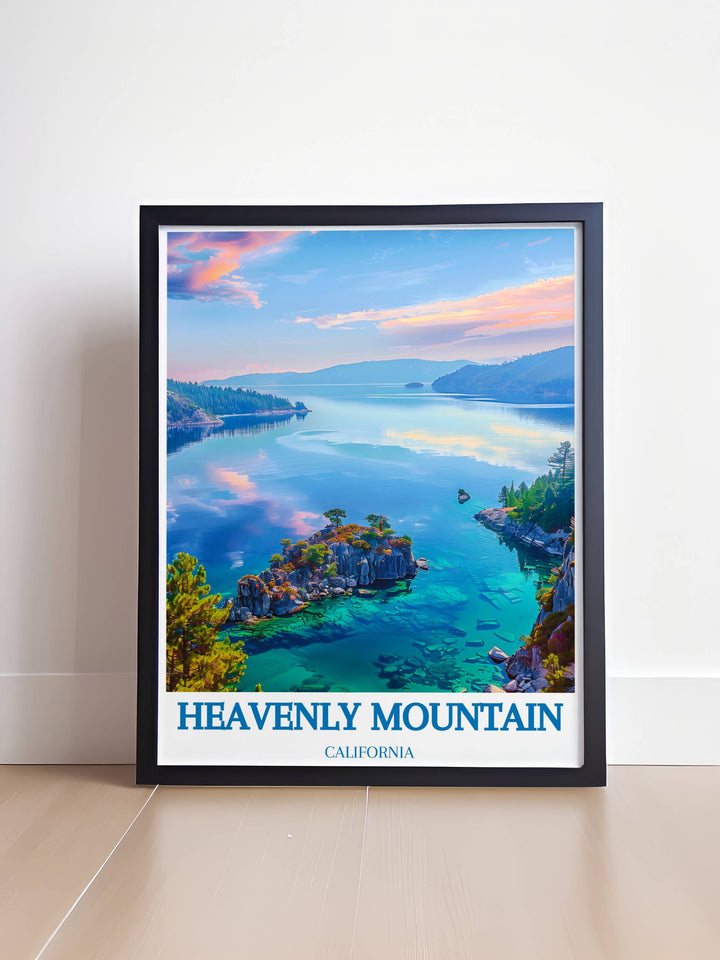 Emerald Bay State Park stunning living room decor features modern art prints and elegant home decor inspired by the natural beauty of Lake Tahoe.