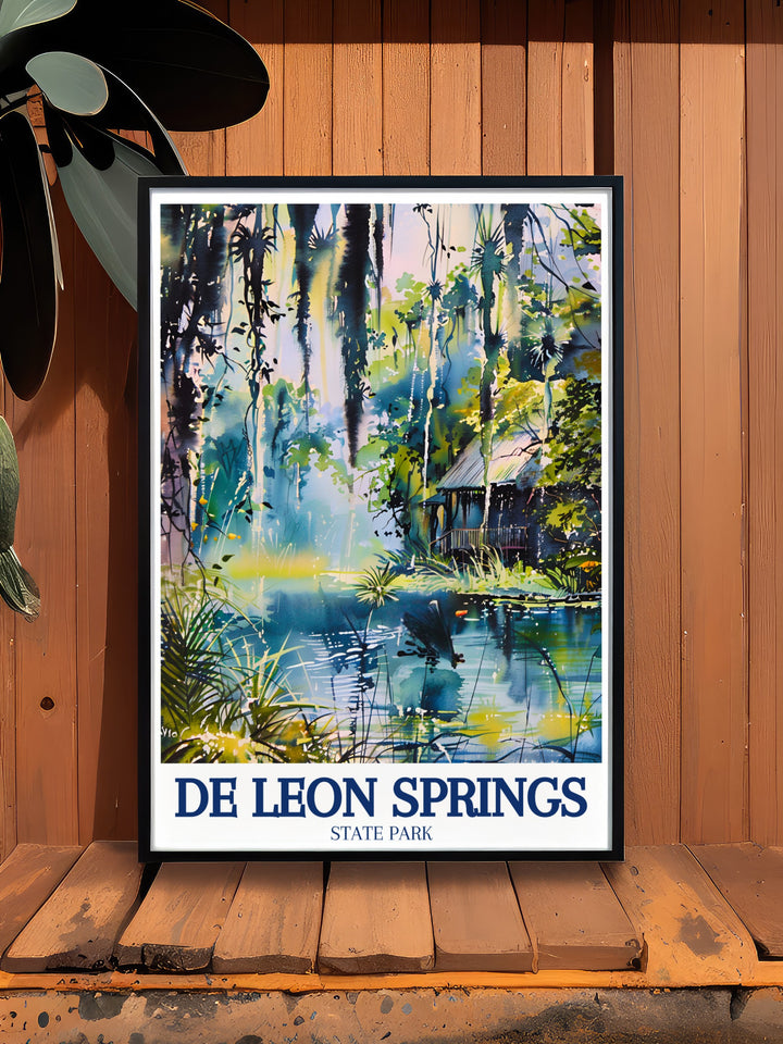 De Leon Springs Art Print focusing on the serene beauty of De Leon Springs, one of Floridas most beloved natural landmarks. The print captures the clear waters and surrounding greenery, ideal for those who want to bring the calming effects of nature into their home.