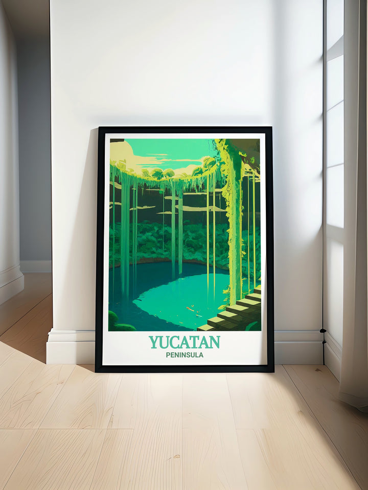 Cenote Ik Kils natural allure is captured in this travel poster, highlighting its deep, tranquil waters and lush surroundings. A must have piece for any nature lovers home or office.