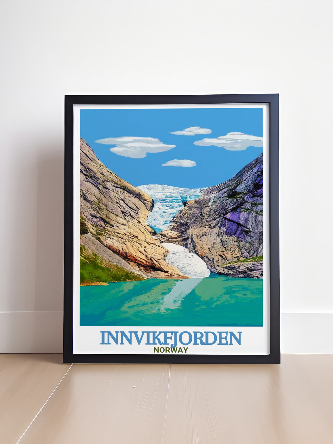 Scenic Briksdalsbreen Glacier artwork capturing the peaceful fjord scenery of Norway nature and Nordic beauty perfect for home décor or gifts