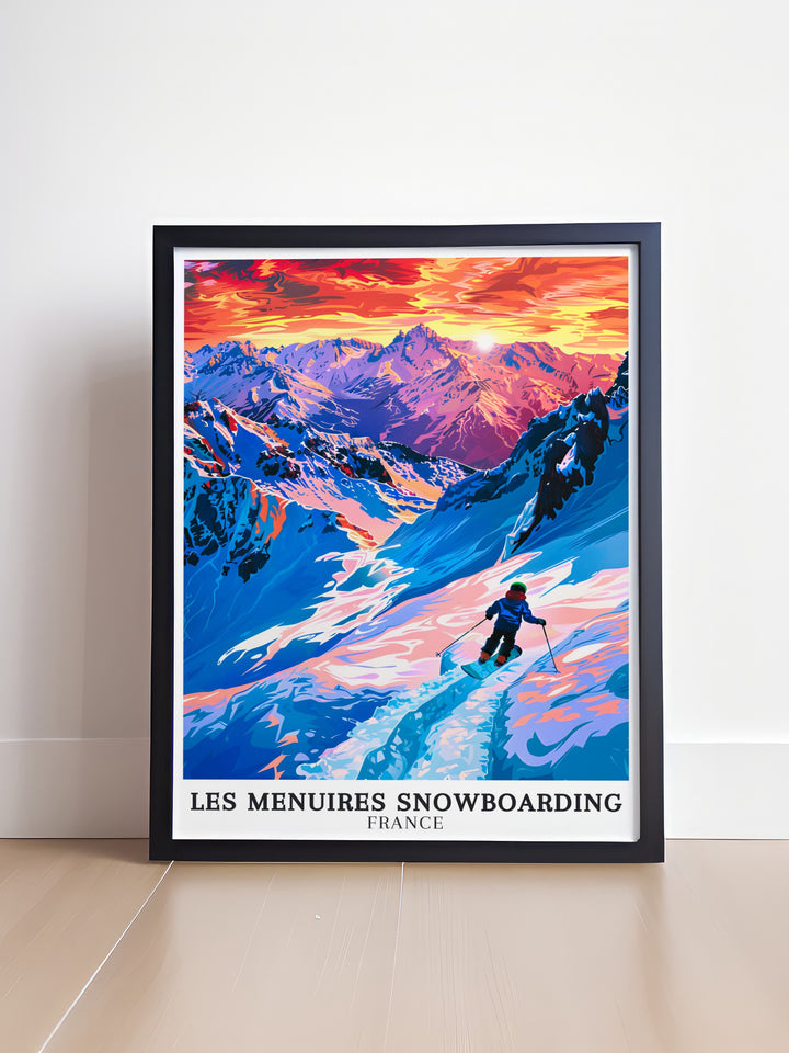 Elevate your home decor with a Les Menuires BK Park Snowboarding Poster featuring stunning mountain scenery and dynamic snowboarding action perfect for winter sports enthusiasts and as a gift for skiers or snowboarders who love the French Alps