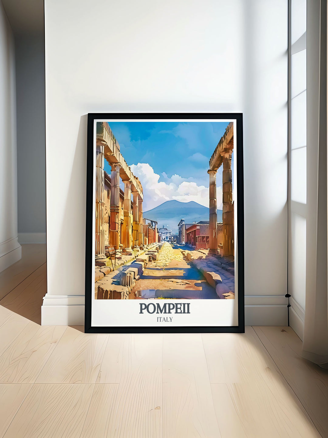 A beautiful Pompeii print featuring the Scavi di Pompei and the majestic Mount Vesuvius perfect for any art and collectibles enthusiast ideal Italy travel gift and stunning living room decor.