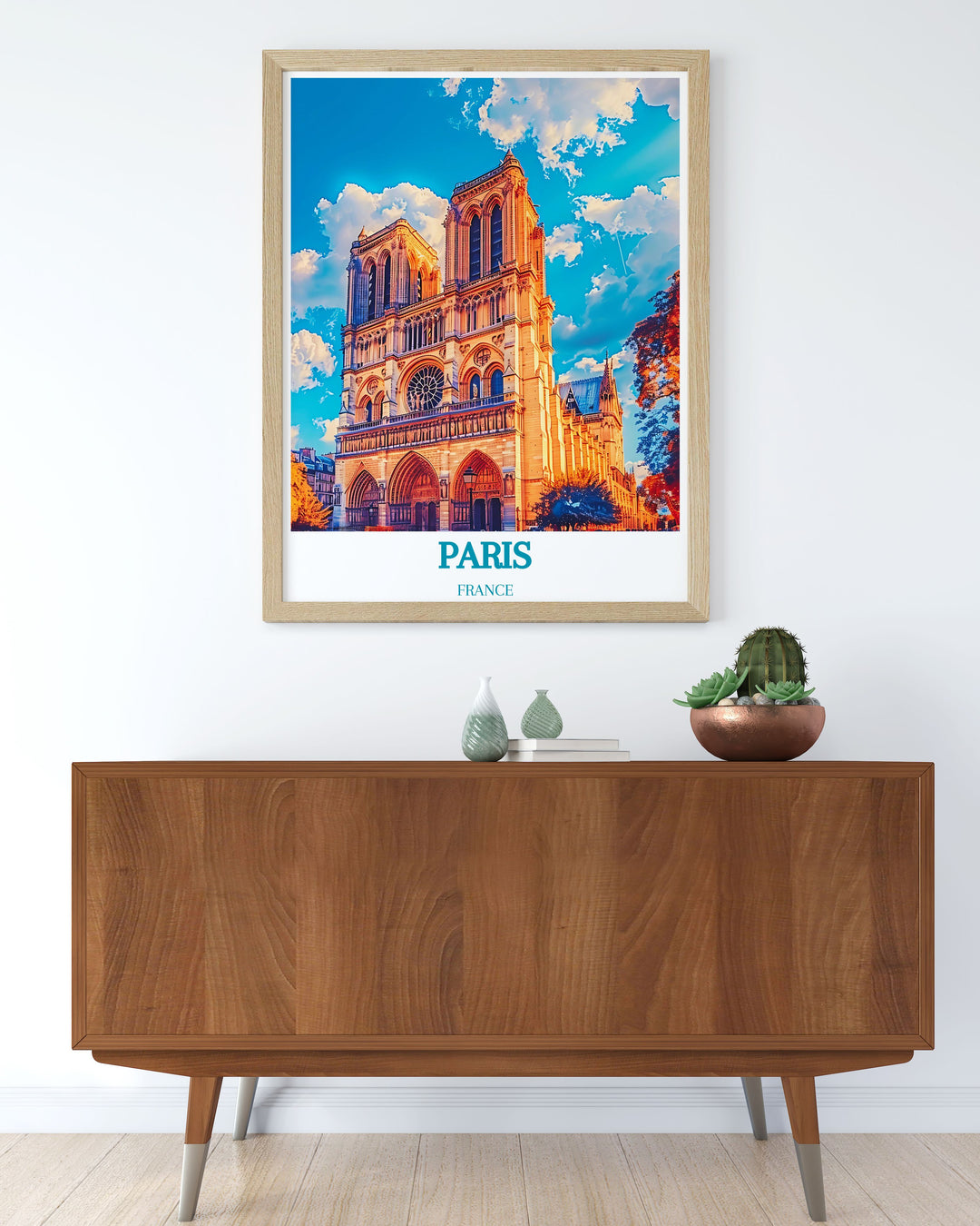 Elegant Notre Dame Cathedral Modern Print showcasing the beauty of Paris in rich colors. This stunning Paris Poster enhances any room with its timeless charm and is perfect for art lovers.