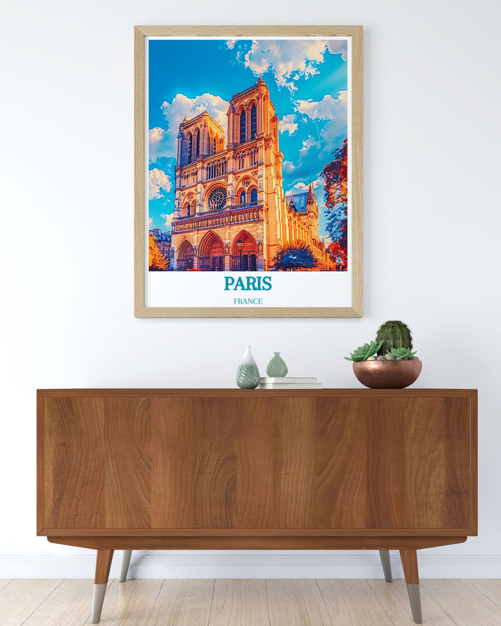 Elegant Notre Dame Cathedral Modern Print showcasing the beauty of Paris in rich colors. This stunning Paris Poster enhances any room with its timeless charm and is perfect for art lovers.