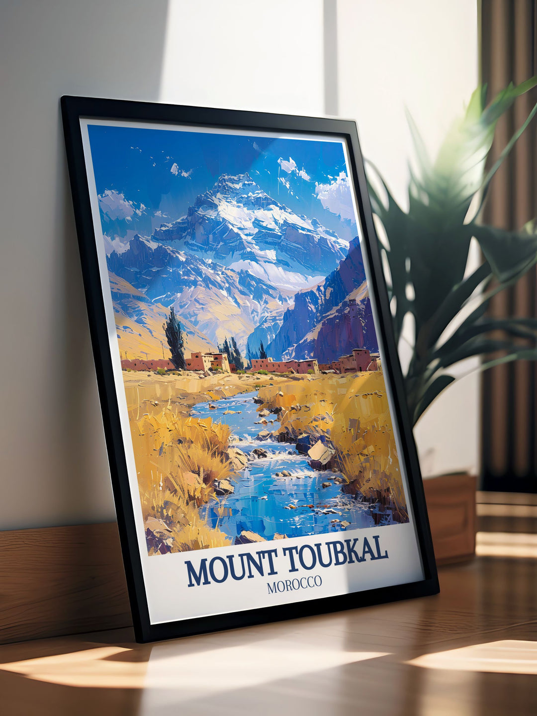 High Atlas mountains vintage print highlighting the serene and rugged landscapes of Moroccos iconic mountain range ideal for home decor and as a special gift for those who appreciate the beauty of North Africa.