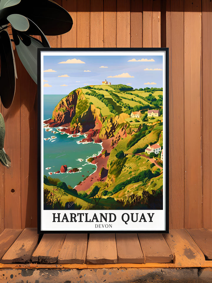 Hartland Quay Beach travel poster offering a stunning view of the wild cliffs and sweeping shoreline of one of Devons most famous beaches. This print captures the essence of the English coast, perfect for anyone looking to add a touch of coastal charm to their home décor.