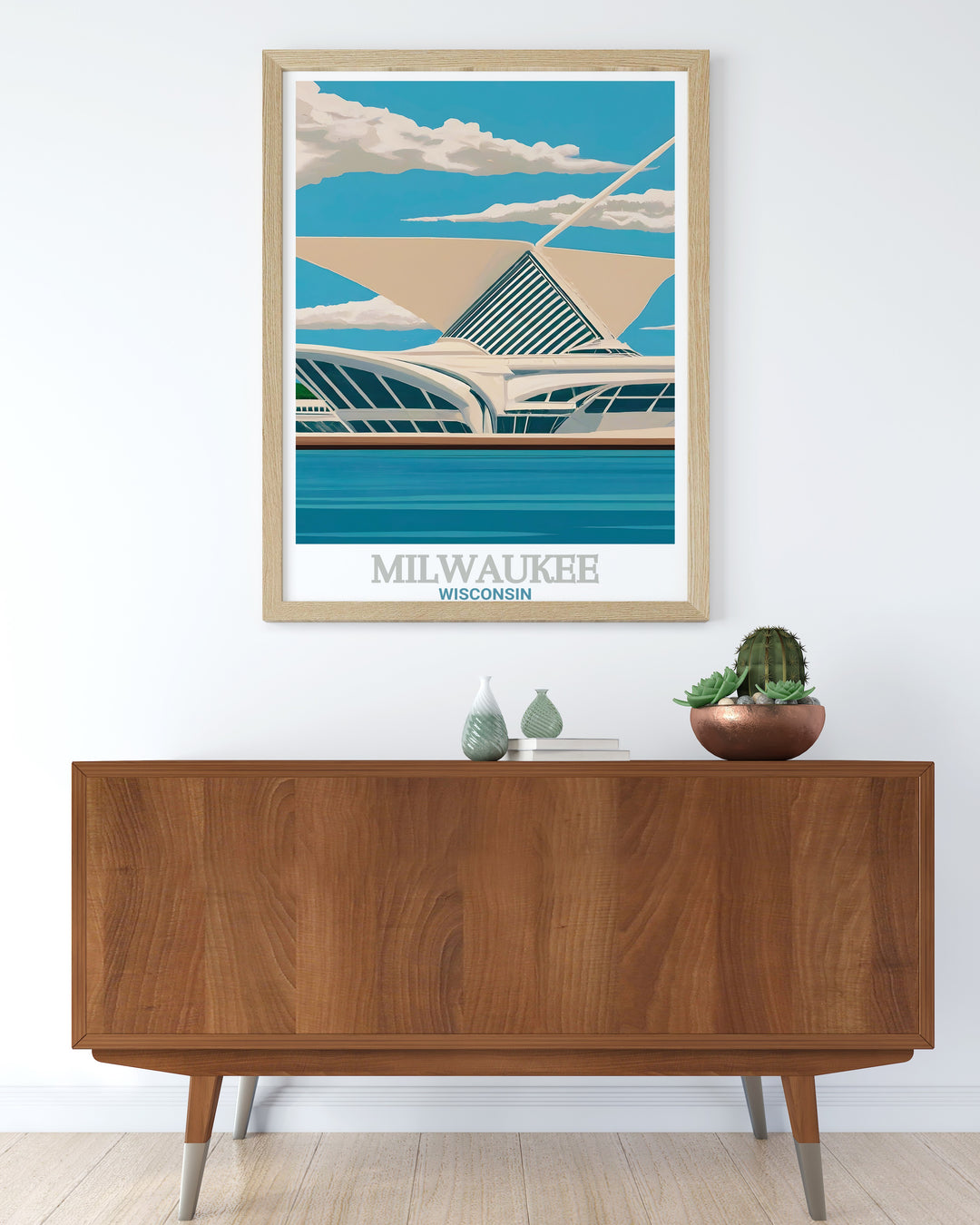 Capture the beauty of Milwaukees skyline and the striking design of the Milwaukee Art Museum with this detailed travel poster. The dynamic cityscape and the museums soaring wings bring a piece of Wisconsins cultural legacy into your space.