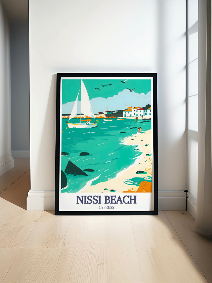 Celebrate Cyprus with this travel print of Nissi Beach and Ayia Napa Harbor. The framed art is perfect for any room, offering a stunning visual reminder of sunny days spent on the coast. A beautiful gift for beach lovers and travelers alike.