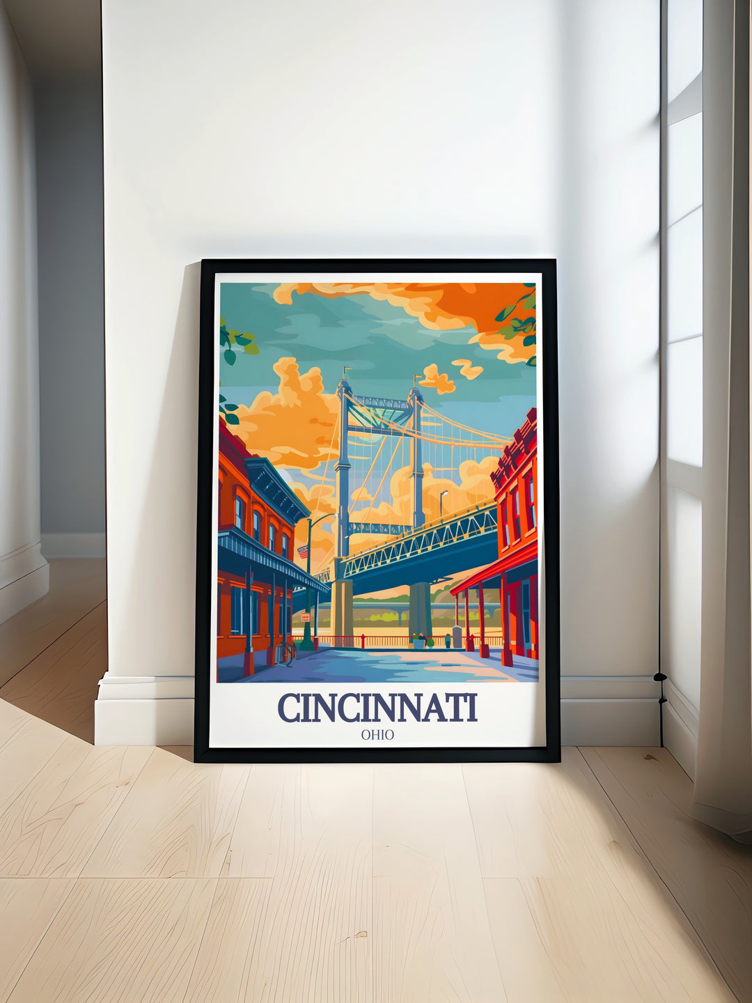 Cincinnati Art Print featuring the iconic Roebling Suspension Bridge and Roebling Point perfect for adding modern black and white city prints to your home decor ideal for gifting on special occasions such as birthdays anniversaries Christmas Fathers Day or Mothers Day