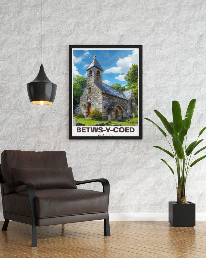 Travel poster of Betws y Coed highlighting the serene beauty of St. Michaels Old Church nestled in the heart of Wales an exquisite piece for home decor or as a special gift for those who appreciate the natural and historical beauty of Welsh landscapes.
