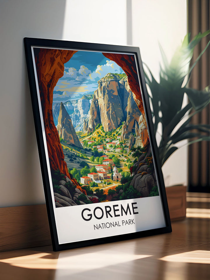 Capturing the surreal beauty of Goreme National Park in Cappadocia, Turkey, this poster highlights the iconic Fairy Chimneys and the ancient cave churches of the Open Air Museum, ideal for any travel enthusiasts wall art collection.