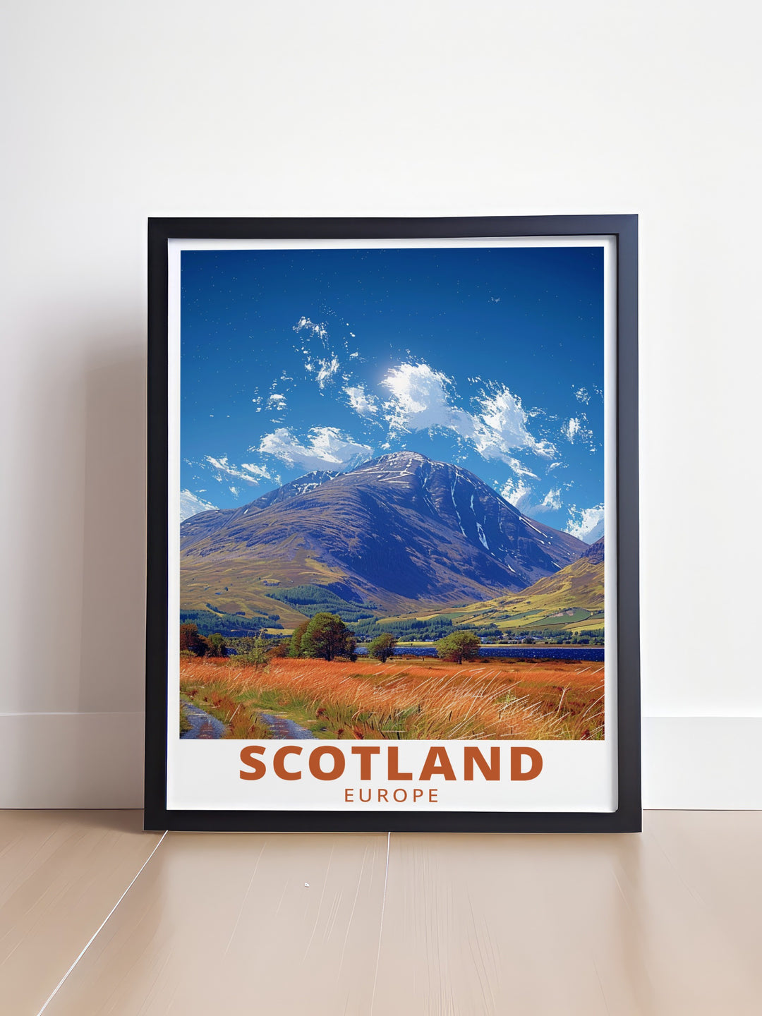 Scotland wall art capturing the stunning scenery of Loch Lomond, with its clear waters and surrounding hills. Ideal for those seeking to bring a piece of the Highlands into their living room or office.