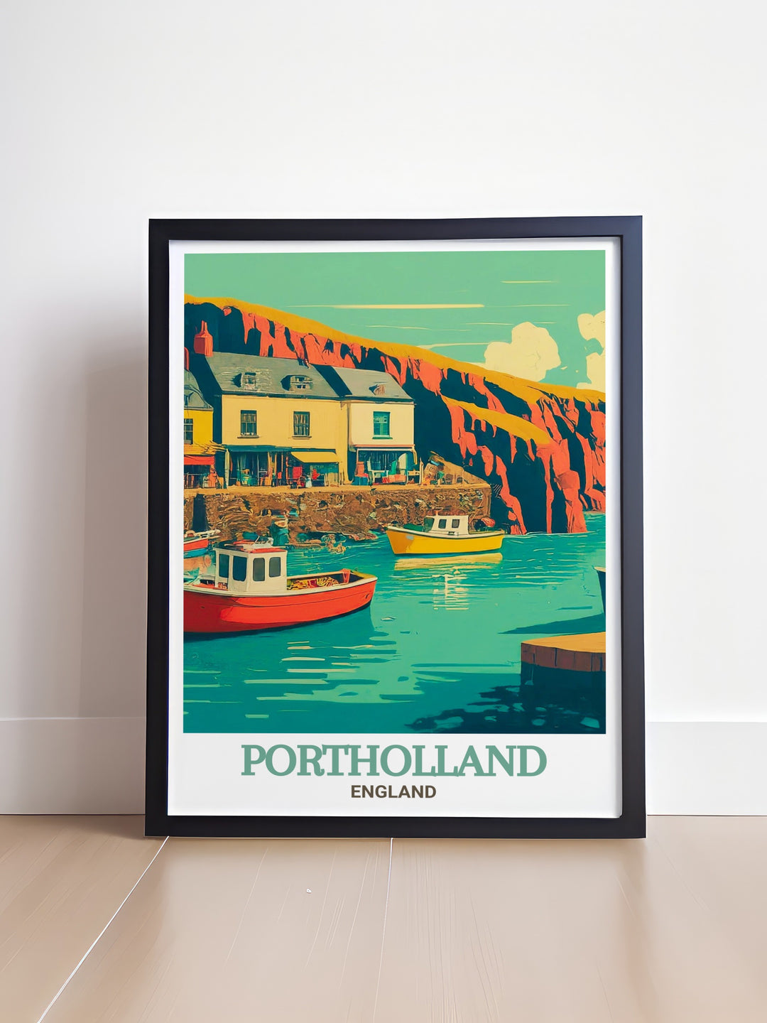 A vibrant travel poster featuring the picturesque villages of Portholland and Portloe, perfect for anyone who loves the Cornish coast. The detailed illustration and calming colors create a piece that brings the essence of a peaceful seaside escape into your living space.