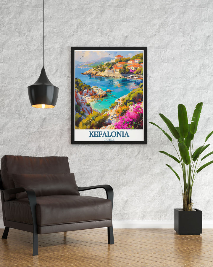 Colorful art print of Kefalonia, showcasing its dramatic coastlines, pristine beaches, and lush greenery. The artwork offers a glimpse into the islands diverse beauty and rich cultural heritage.