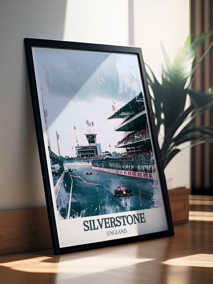 Silverstone Circuit BRDC Grandstand framed print showcasing a stunning racing illustration. The piece captures the grandeur of the iconic circuit and its famous grandstand, offering a refined touch to any room. Perfect for enhancing sports themed living areas and adding a sophisticated element to your decor.