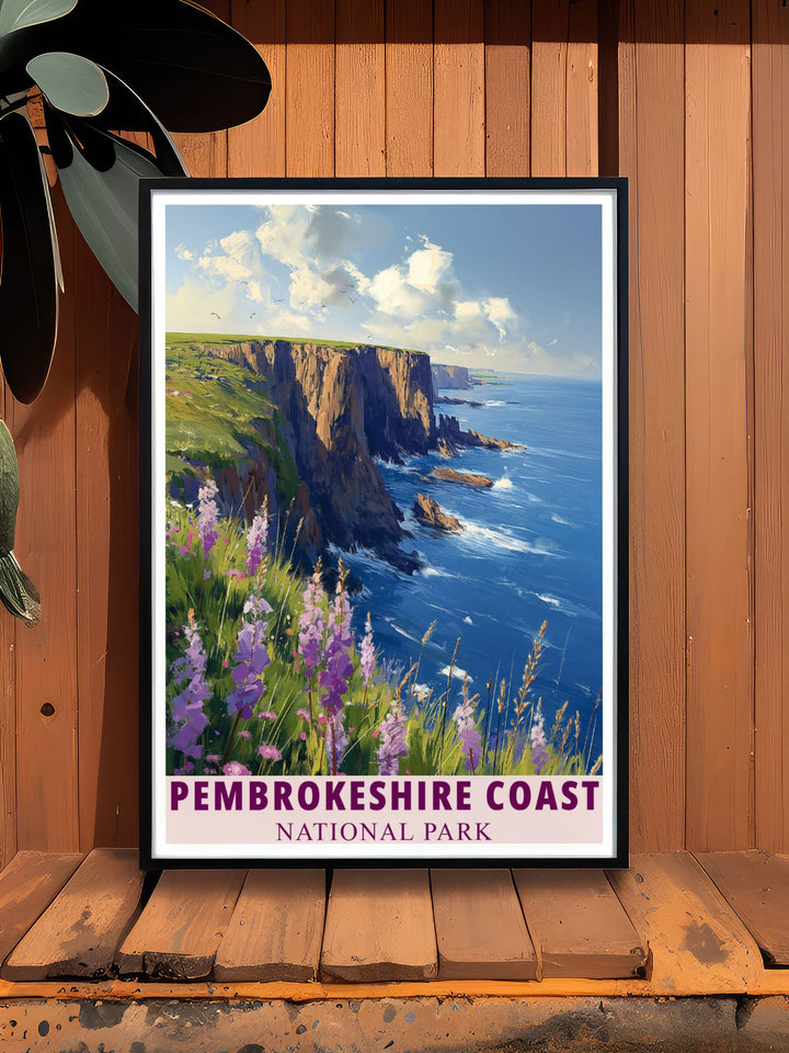 Experience the breathtaking coastal cliffs of Pembrokeshire Coast in Wales with this retro travel poster featuring rich colors and classic Art Deco design capturing the serene yet powerful essence of the Welsh coastline suitable for framed print collections.