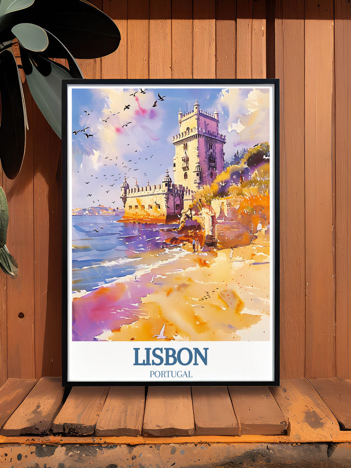 Add sophistication to your decor with our Lisbon Travel Print featuring the iconic Belem Tower Tagus river a stunning piece of modern art that captures the essence of Portugals rich cultural heritage