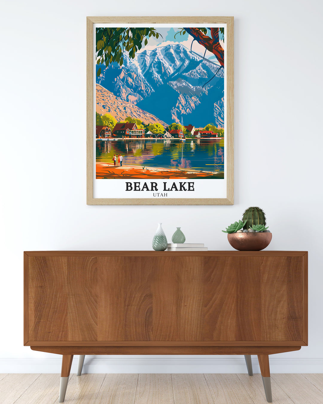 High quality art print of Bear Lake and the Wasatch Mountains showcasing the tranquil lake and majestic mountain range, a perfect addition to any room as part of your home decor