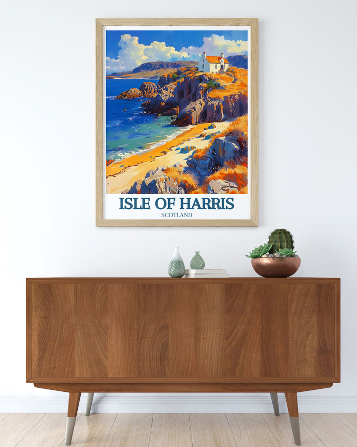 Travel poster of the Isle of Harris, highlighting its scenic landscapes and historical sites, perfect for adding a touch of adventure to your home.