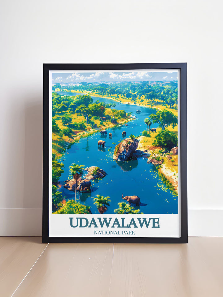 Unique Safari Poster of Udawalawe Reservoir Walawe River highlighting the stunning landscapes and wildlife of Sri Lanka a perfect gift for nature lovers and adventure enthusiasts looking to bring a piece of Sri Lanka into their homes.