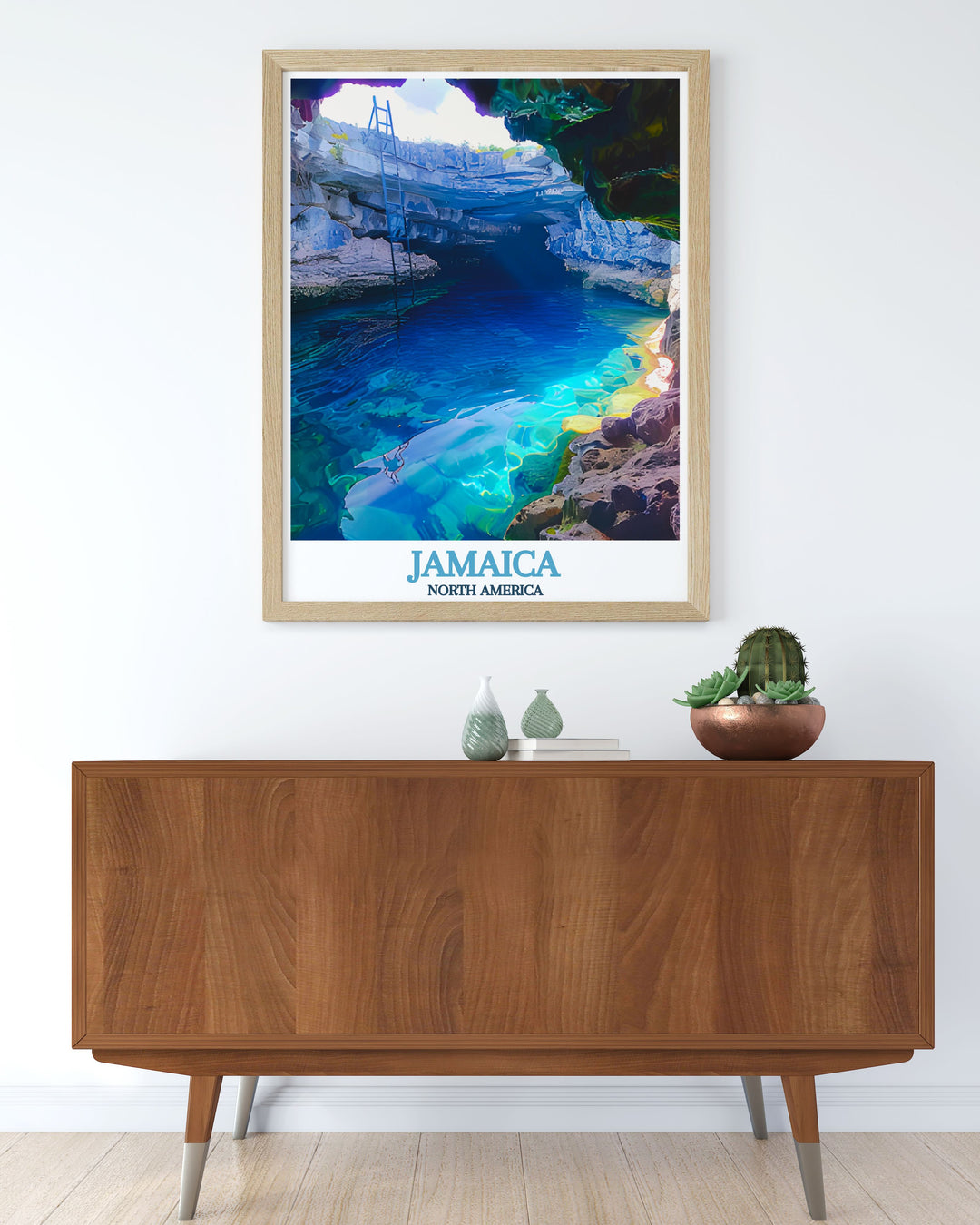 This poster showcases the stunning Blue Hole Mineral Spring in Jamaica, offering a glimpse into the islands natural beauty and serene landscapes.