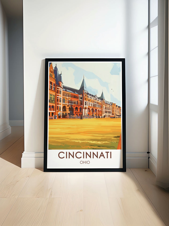 Add a piece of Cincinnatis cultural heritage to your home with this stunning travel poster of the Music Hall. The intricate details and historical charm make it a captivating focal point.