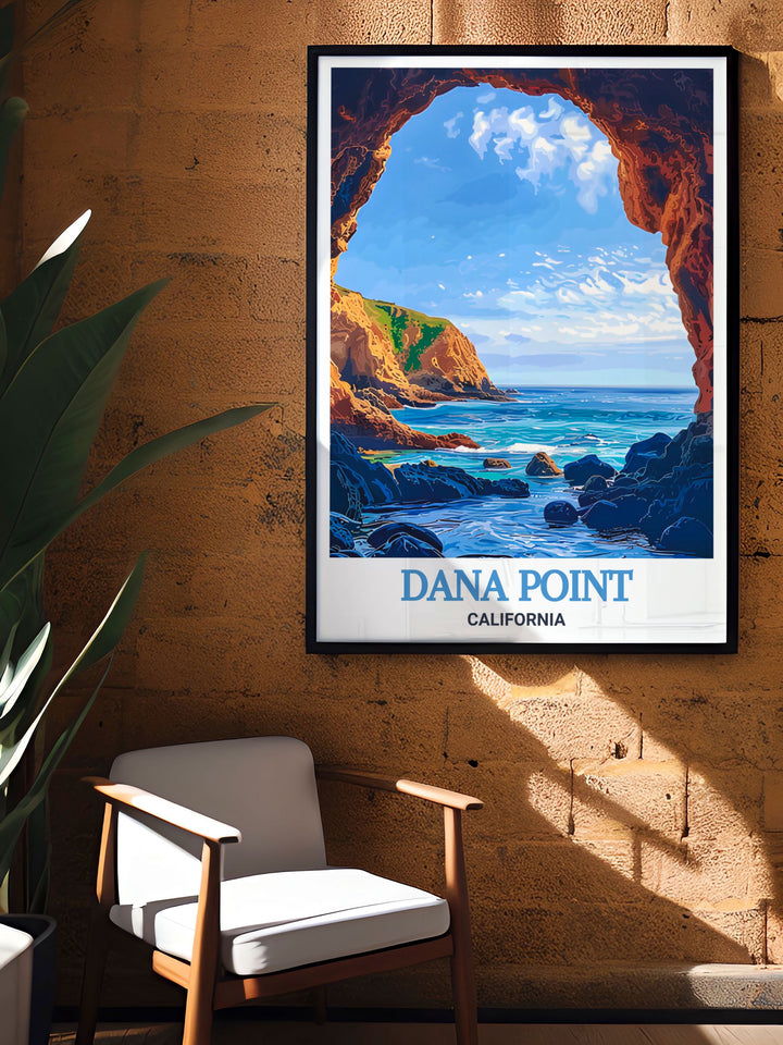 Dana Point Caves artwork is perfect for those who appreciate the natural beauty of California. This travel poster highlights the stunning landscapes of Dana Point, making it a great addition to any home decor collection.