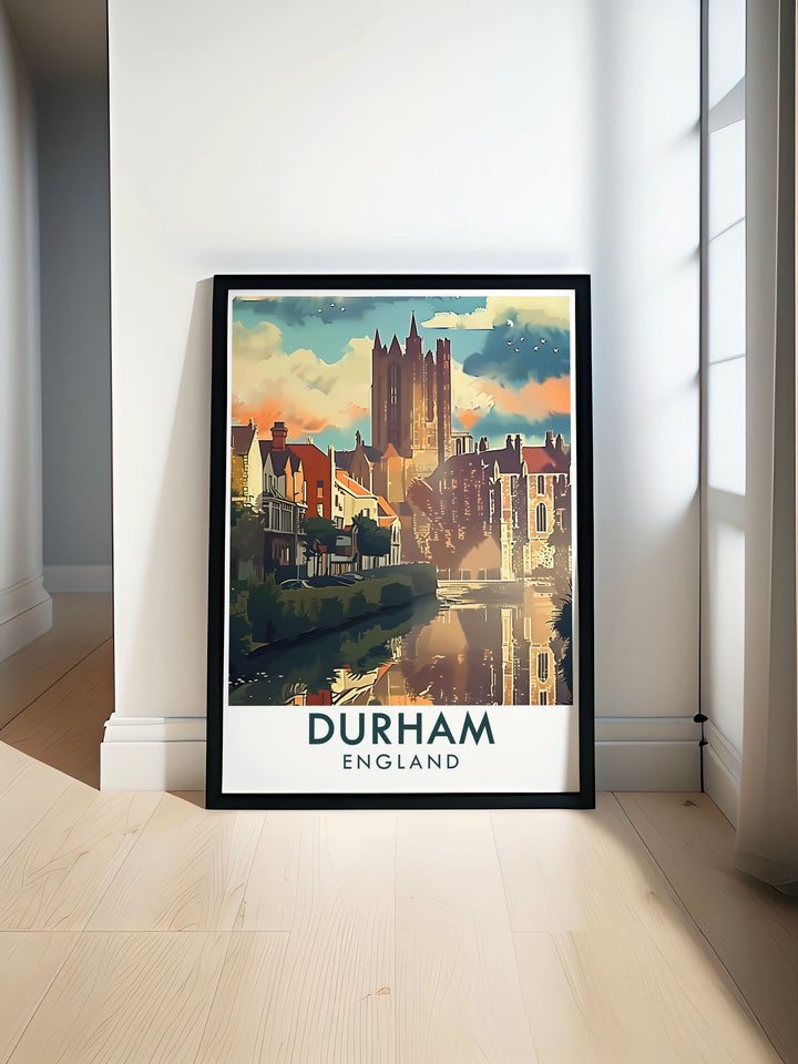 Featuring Durham Cathedral, this travel poster captures the timeless elegance of this architectural masterpiece and its surroundings, ideal for history and art enthusiasts.