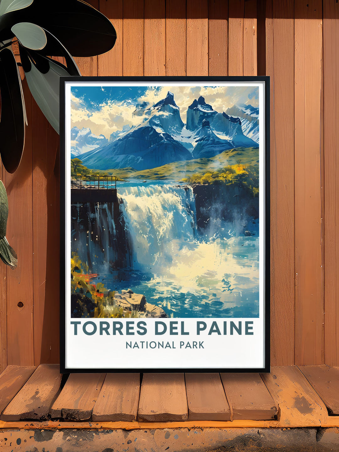 Salto Grande vintage print capturing the dramatic landscapes of Torres Del Paine National Park in Patagonia Chile. This artwork is perfect for those who appreciate the beauty of nature and want to bring a piece of South America into their home.