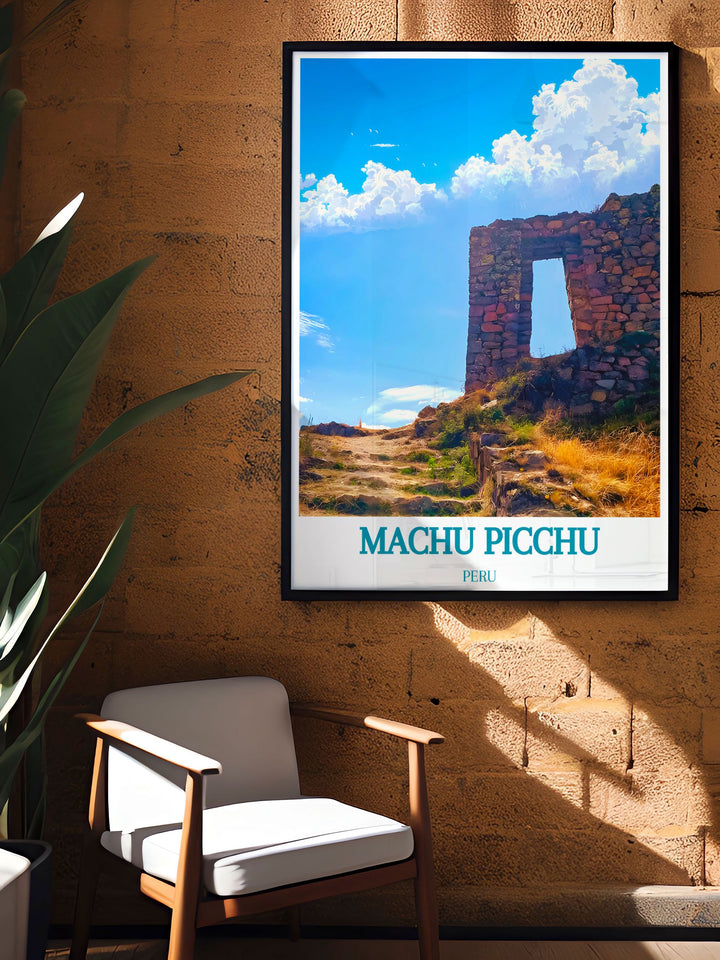 Machu Picchu travel poster with The Sun Gate Intipunku brings a sense of history and adventure to your living space. The minimalist design and modern art style make it an elegant addition to any home decor capturing the beauty and spiritual significance of one of the worlds most iconic landmarks. A thoughtful gift for any special occasion.