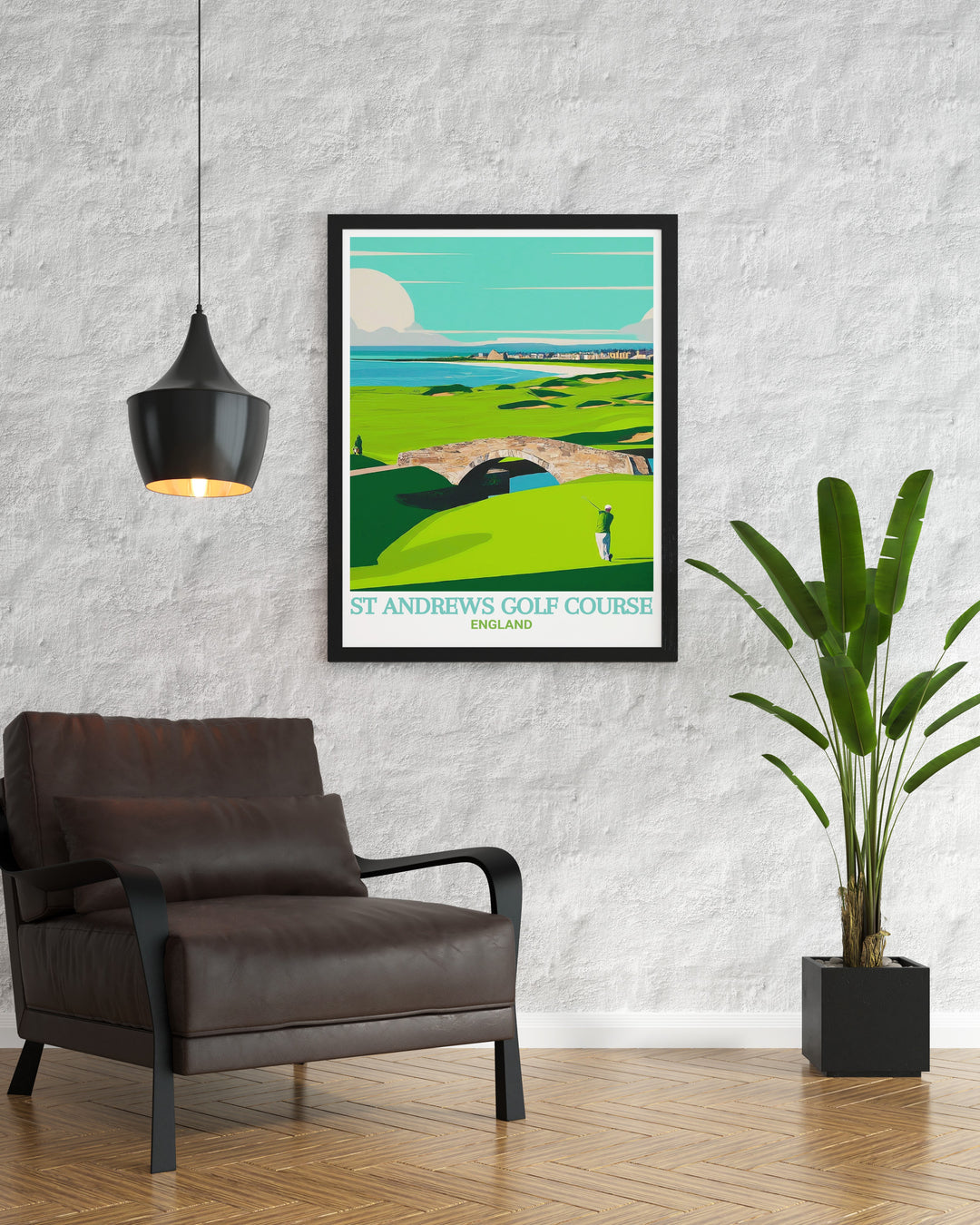 Travel print of St Andrews, focusing on the iconic Golf Course and Old Course, showcasing Scotlands blend of natural beauty and golfing excellence. This artwork is a perfect way to celebrate the charm and history of St Andrews in your space.