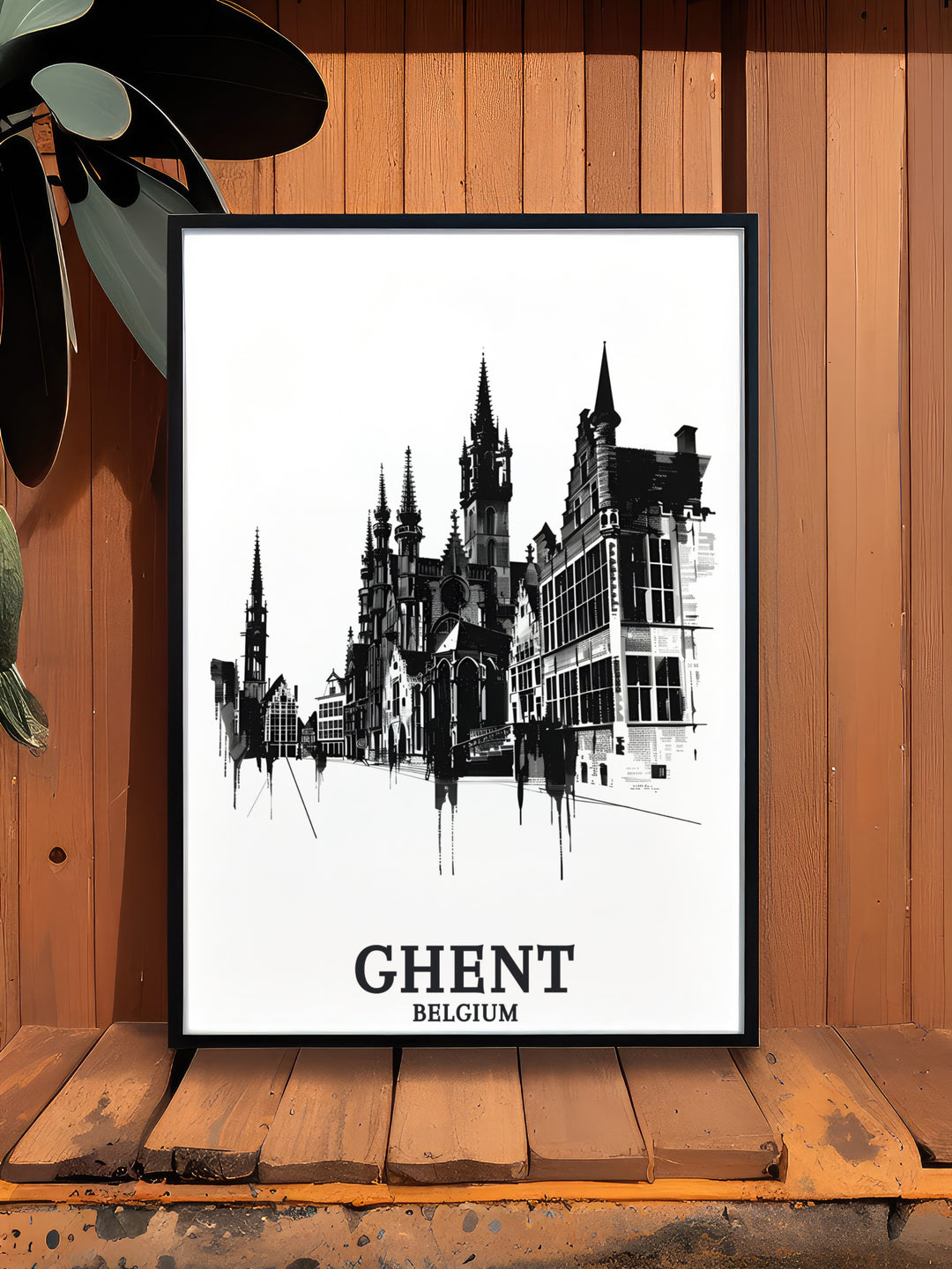 Stunning living room decor with Markt square Cloth Hall Lakenhalle modern prints perfect for those who love Belgium travel art