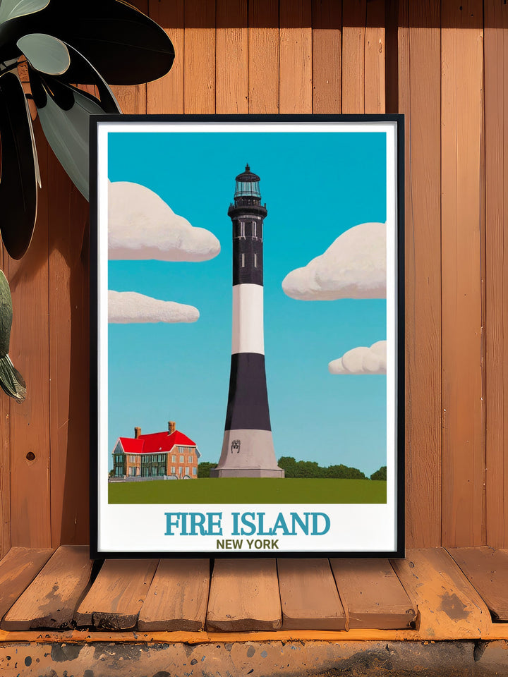 Fire Island vintage poster offers a nostalgic look at New Yorks coastal beauty, featuring the historic Fire Island Lighthouse and its surrounding dunes. This canvas print is perfect for anyone who loves the charm of lighthouses and the natural beauty of beach landscapes.