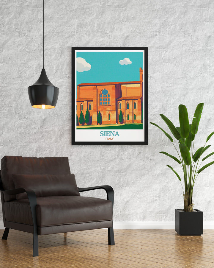 Capture the timeless beauty of Siena with this detailed art print of the Basilica of San Domenico. The elegant black and white fine line design showcases the citys iconic landmarks in a versatile matted format perfect for home decor or gift giving occasions.