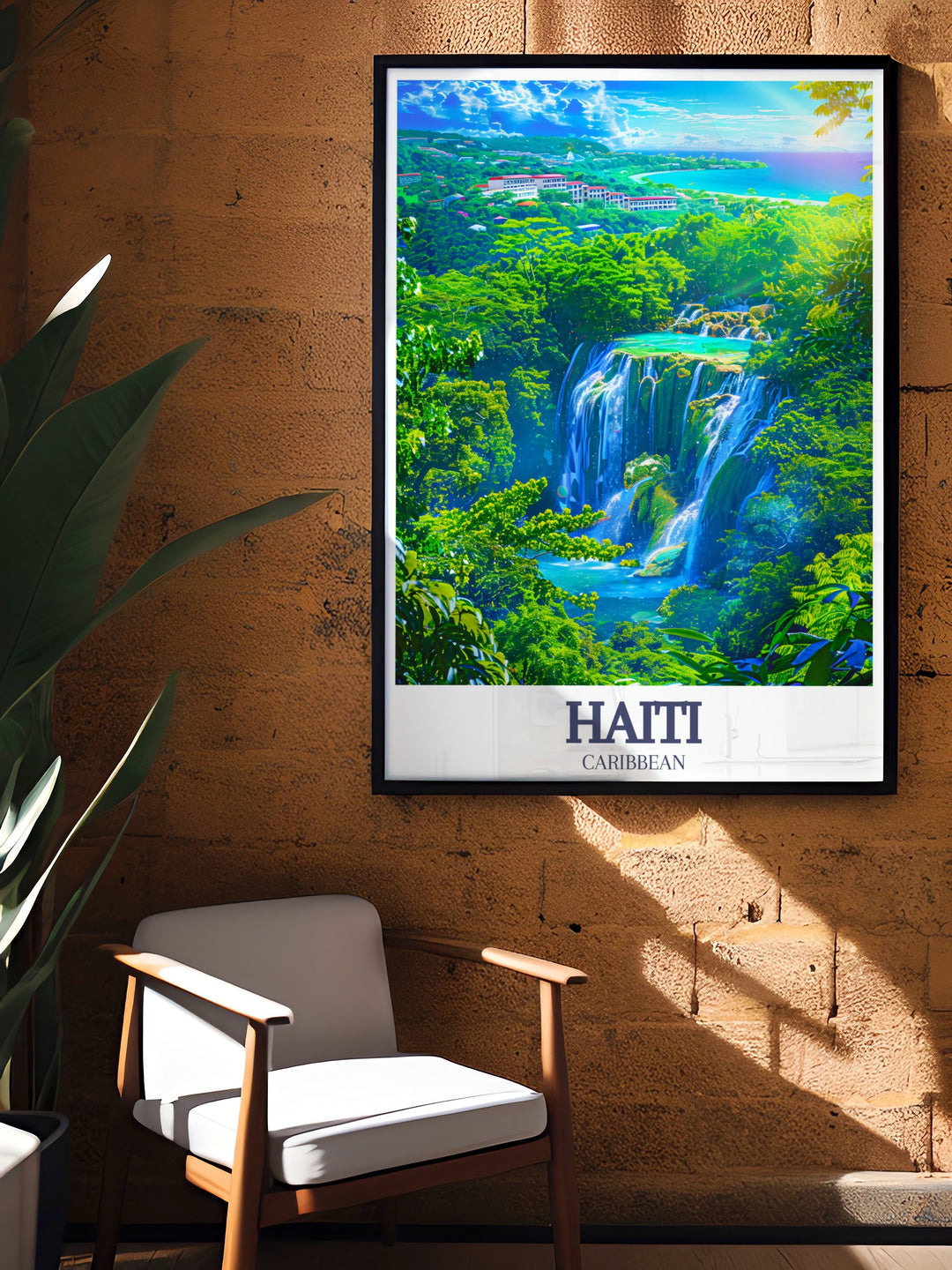 The rich colors of the Caribbean come alive in this travel print, showcasing Bassin Bleus waterfalls and the coastline of Labadee peninsula. Perfect for adding vibrancy to any space, this artwork brings a piece of Haitis natural beauty into your home.