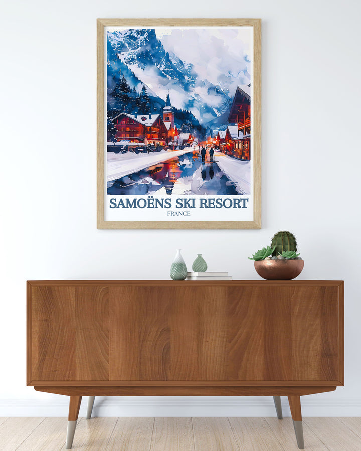 Vintage Ski Poster highlighting Mont Blanc Grand Massif French Alps depicting the charm of Morillon Ski Resort and the scenic villages of Sixt Flaine Samoens