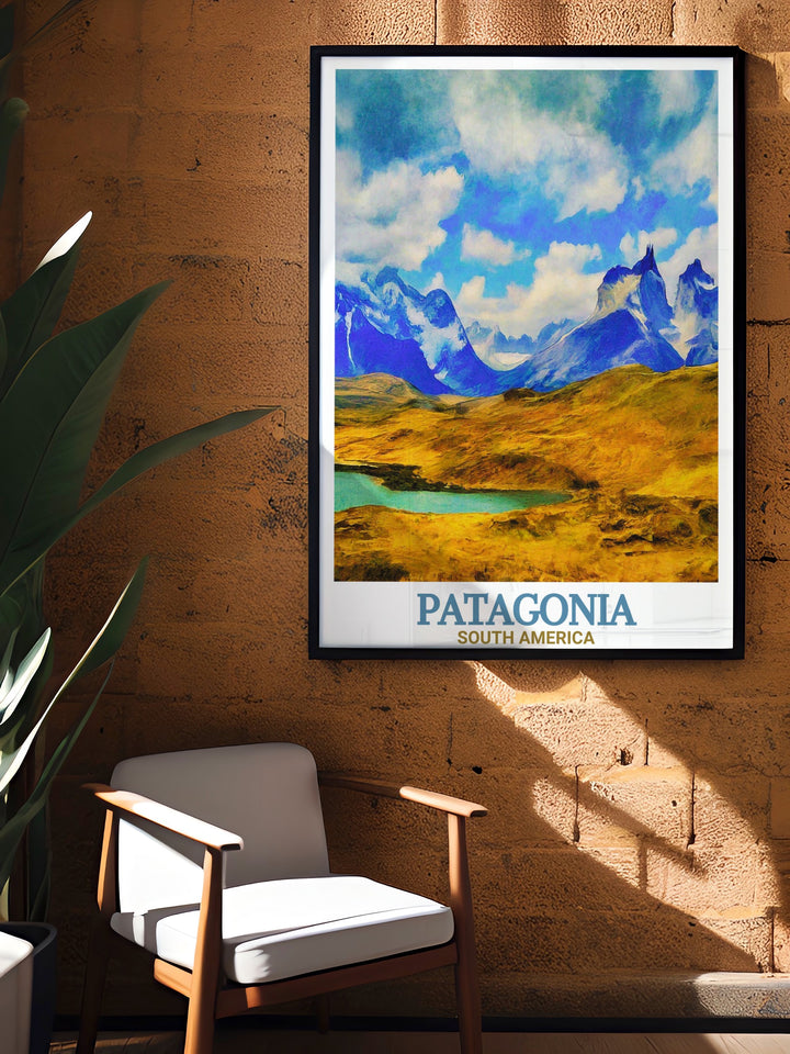 Bucket list print of Torres del Paine National Park in Patagonia Chile. Features the Cuernos Del Paine and guanacos. Ideal for those who love nature and want to add a touch of adventure to their home decor.