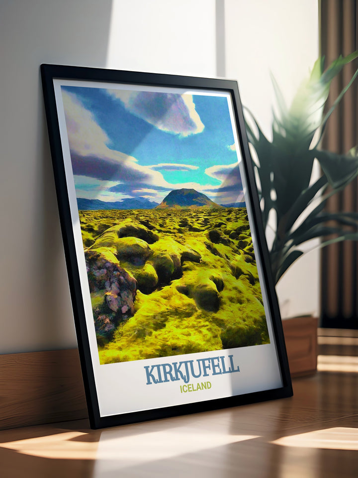 Kirkjufell Vintage Poster reflecting the timeless appeal of Icelands natural wonders, with a focus on the enduring beauty of Kirkjufell. This vintage style poster is ideal for those who love classic travel art and want to celebrate Icelands unique landscapes in their home décor.